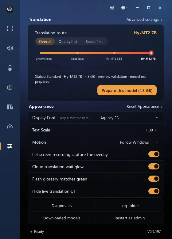 Settings: the translation route slider
